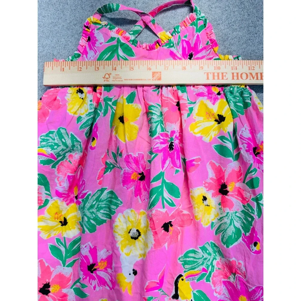 Tommy Bahama Tropical Floral‎ Sundress Size 4 Pink Toucan Parrot Crochet Trim